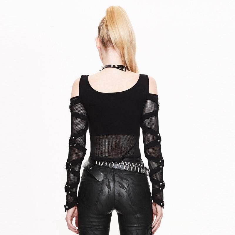 Women's Cold-Shoulder Strappy Steampunk Mesh Top - Image 4