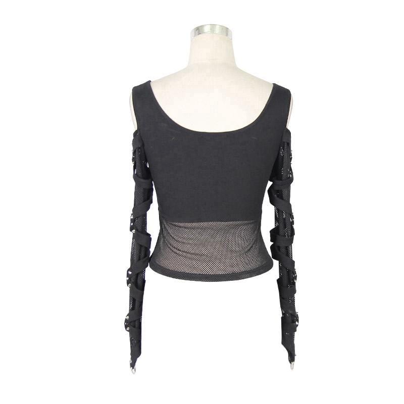 Women's Cold-Shoulder Strappy Steampunk Mesh Top - Image 6
