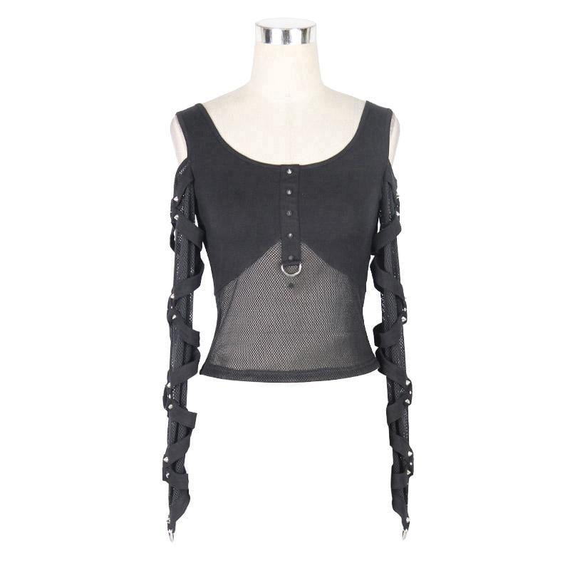 Women's Cold-Shoulder Strappy Steampunk Mesh Top - Image 7