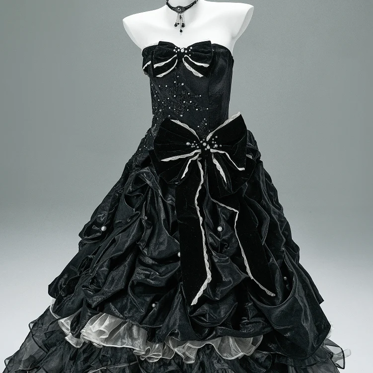 Women's Custom-made Gothic Bowknot Pearl Multi-layer Splicing Strapless Gown Wedding Dress - Image 4