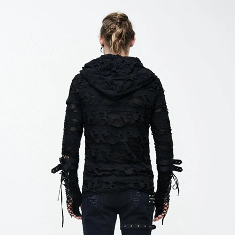 Men's Distressed Ripped Hooded Punk-Shirt With Mesh Underlayer - Image 3