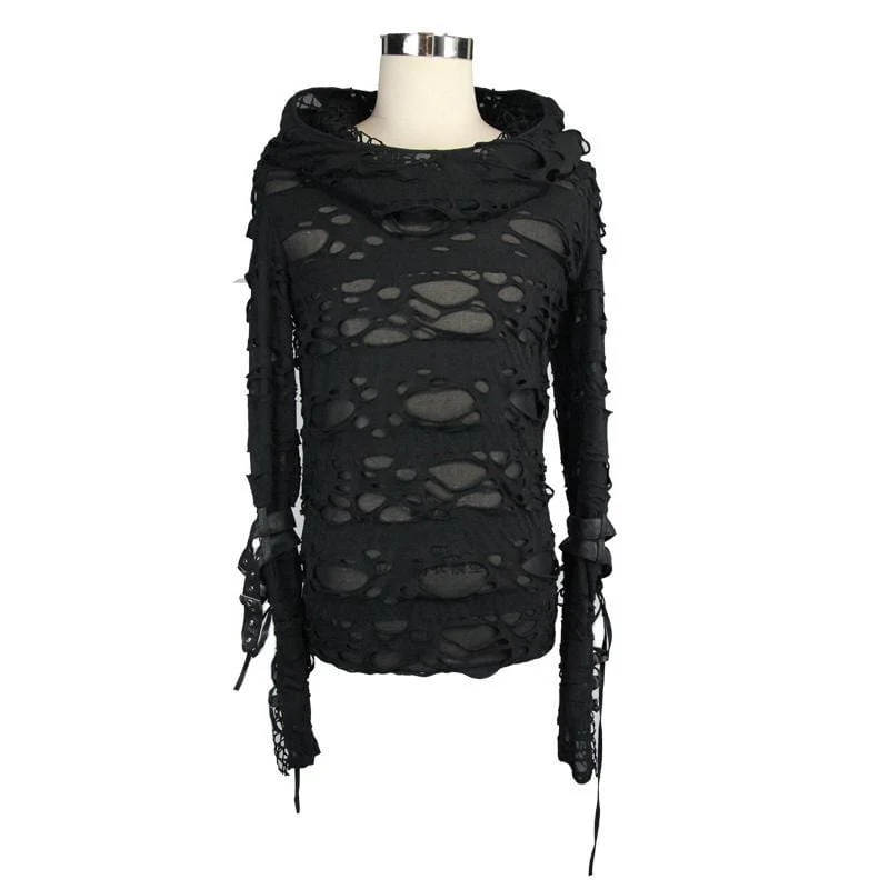 Men's Distressed Ripped Hooded Punk-Shirt With Mesh Underlayer - Image 4
