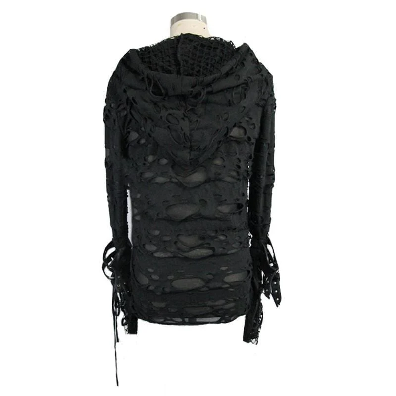 Men's Distressed Ripped Hooded Punk-Shirt With Mesh Underlayer - Image 5