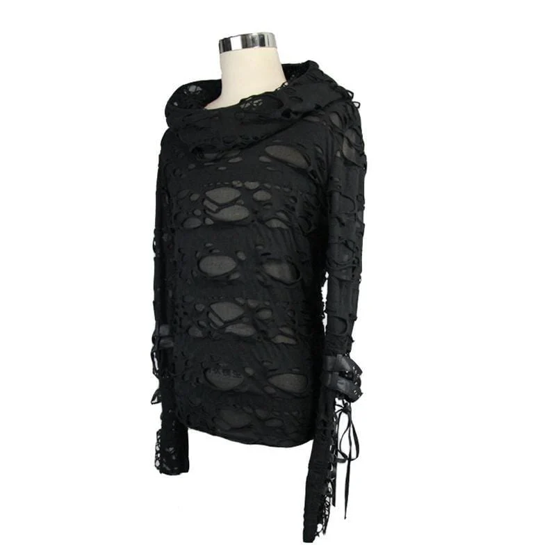 Men's Distressed Ripped Hooded Punk-Shirt With Mesh Underlayer - Image 6