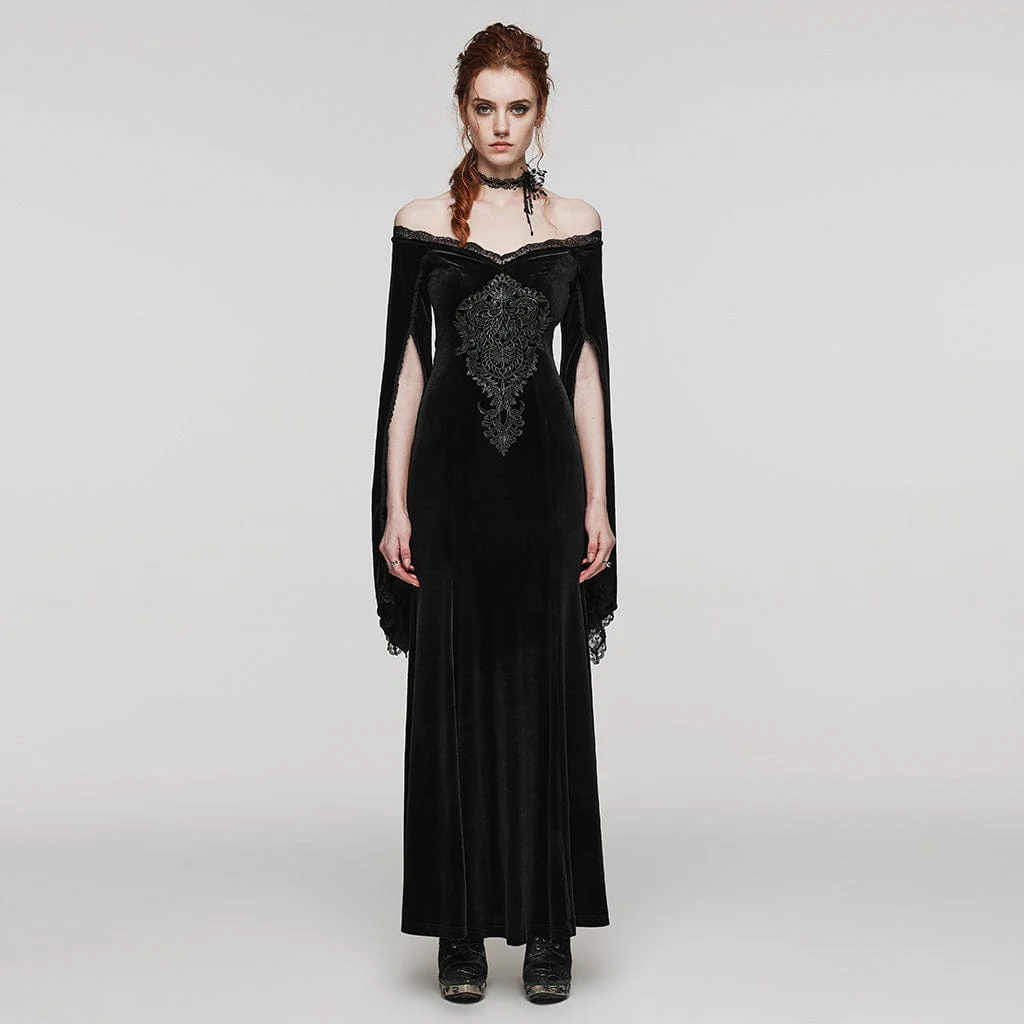 Women's Gothic Floral Embroidered Lace Splice Velvet Wedding Dress - Image 6