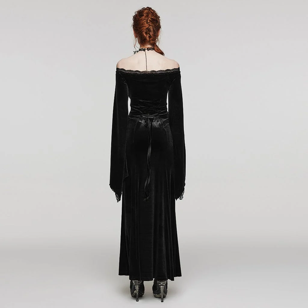 Women's Gothic Floral Embroidered Lace Splice Velvet Wedding Dress - Image 10