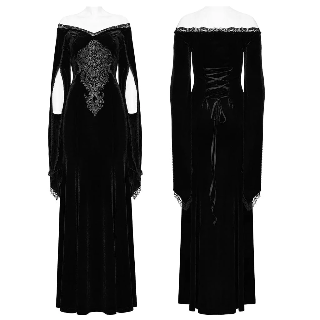 Women's Gothic Floral Embroidered Lace Splice Velvet Wedding Dress - Image 12