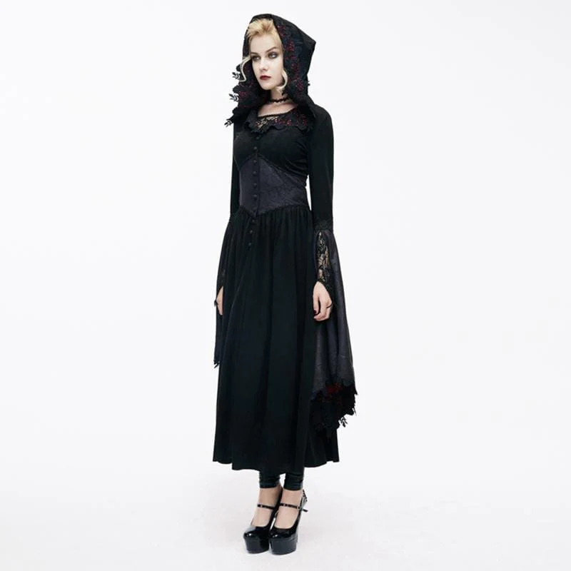 Women's Goth Ankle Dress With Hood and Angel Sleeves - Image 3