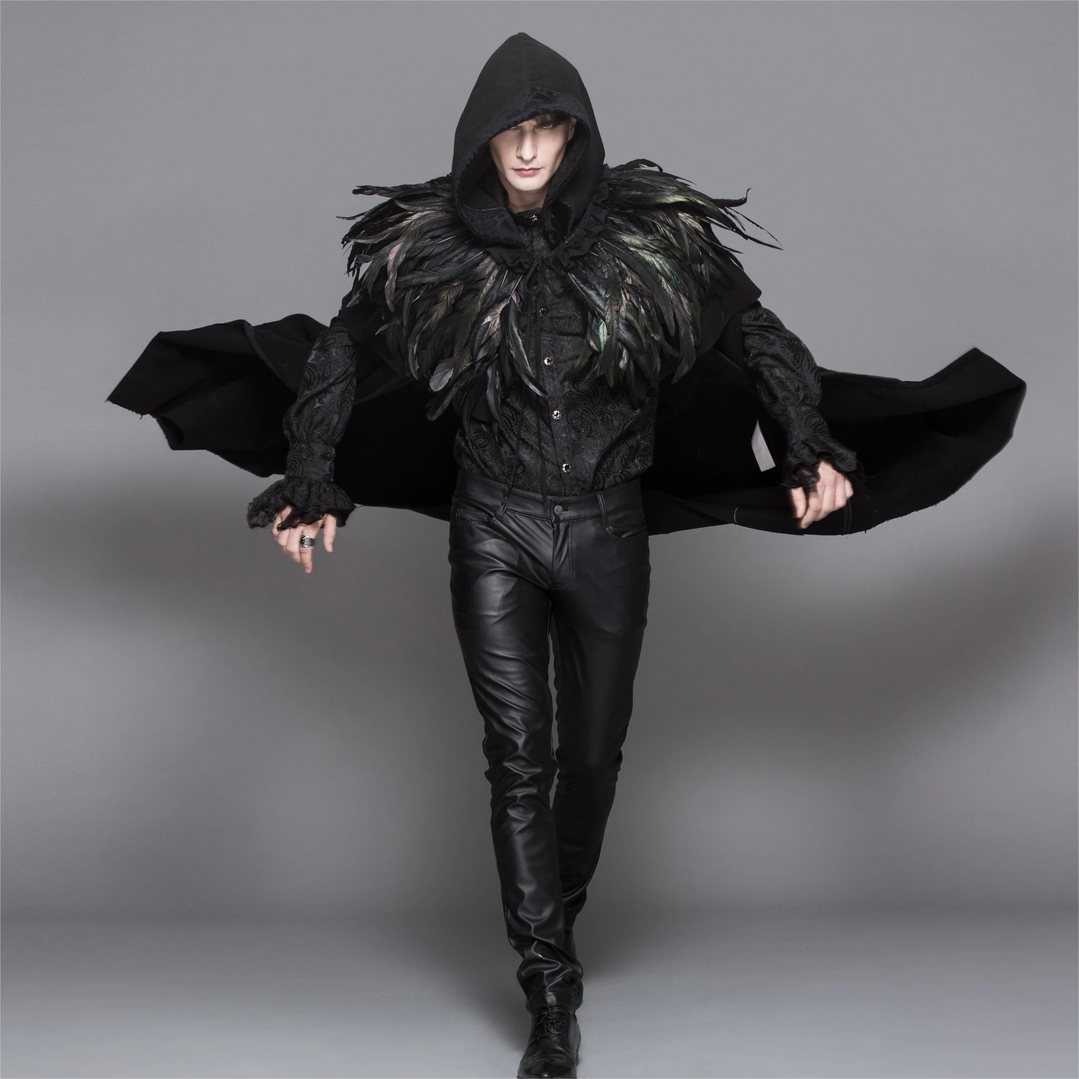 Men's/Women's Goth Hooded Long Cloak With Feathered Collar - Image 3