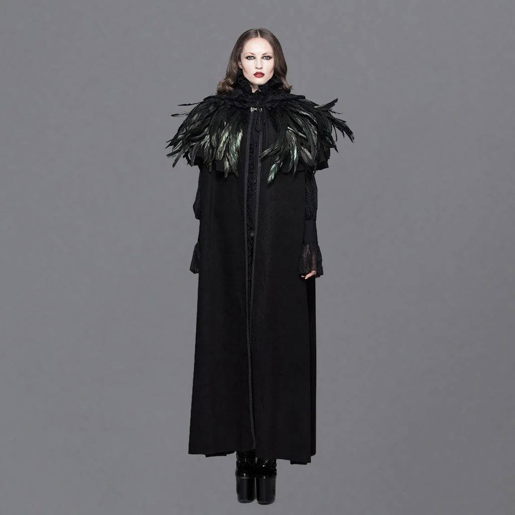 Men's/Women's Goth Hooded Long Cloak With Feathered Collar - Image 5