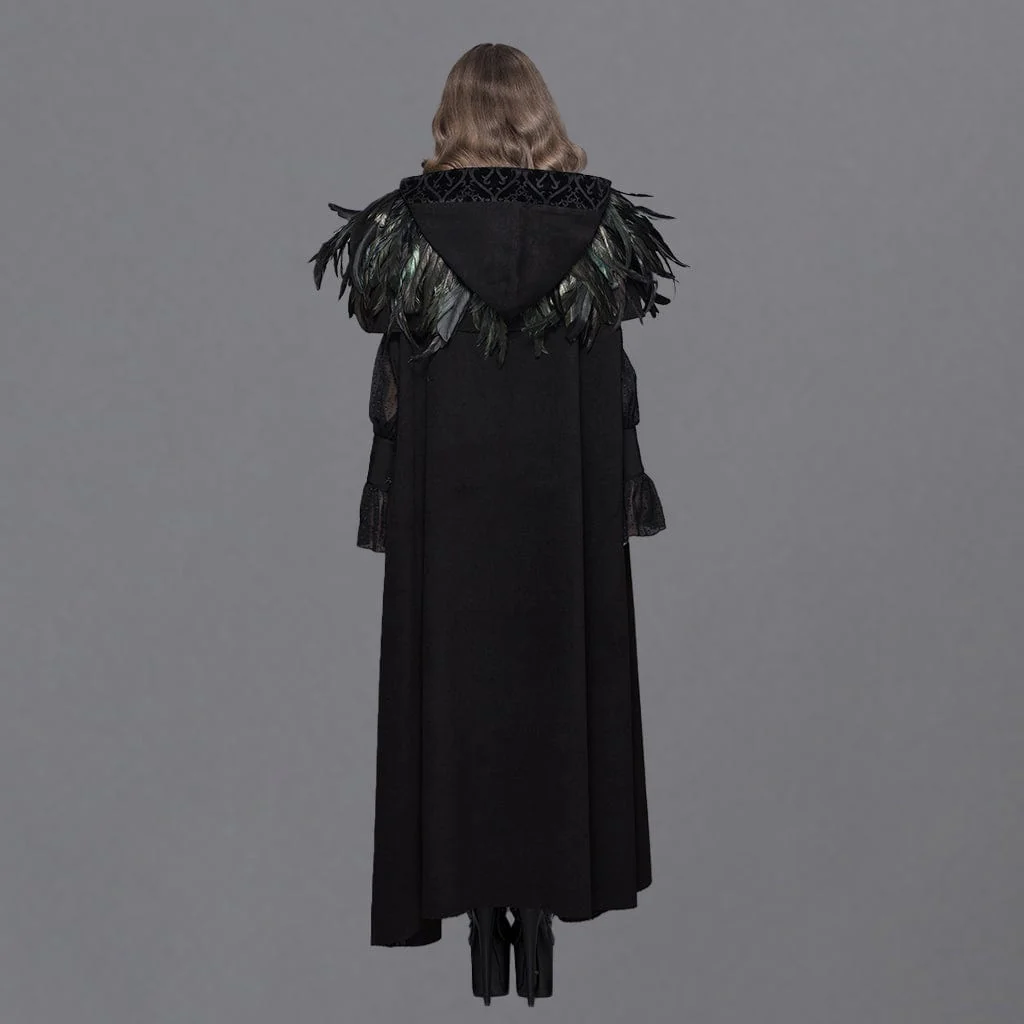 Men's/Women's Goth Hooded Long Cloak With Feathered Collar - Image 6