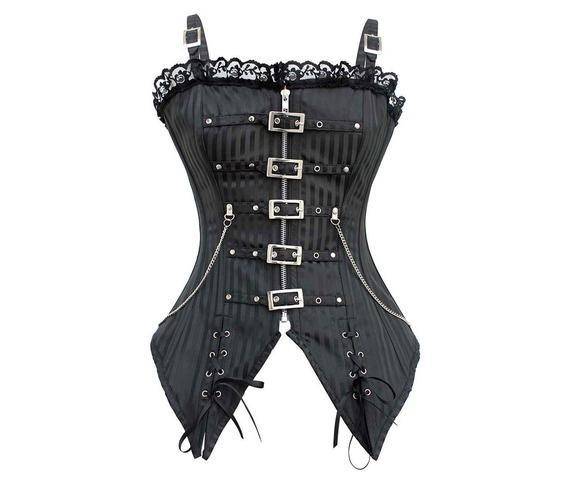 Gothic Striped Lace Buckles Overbust Corset With Thong - Image 5