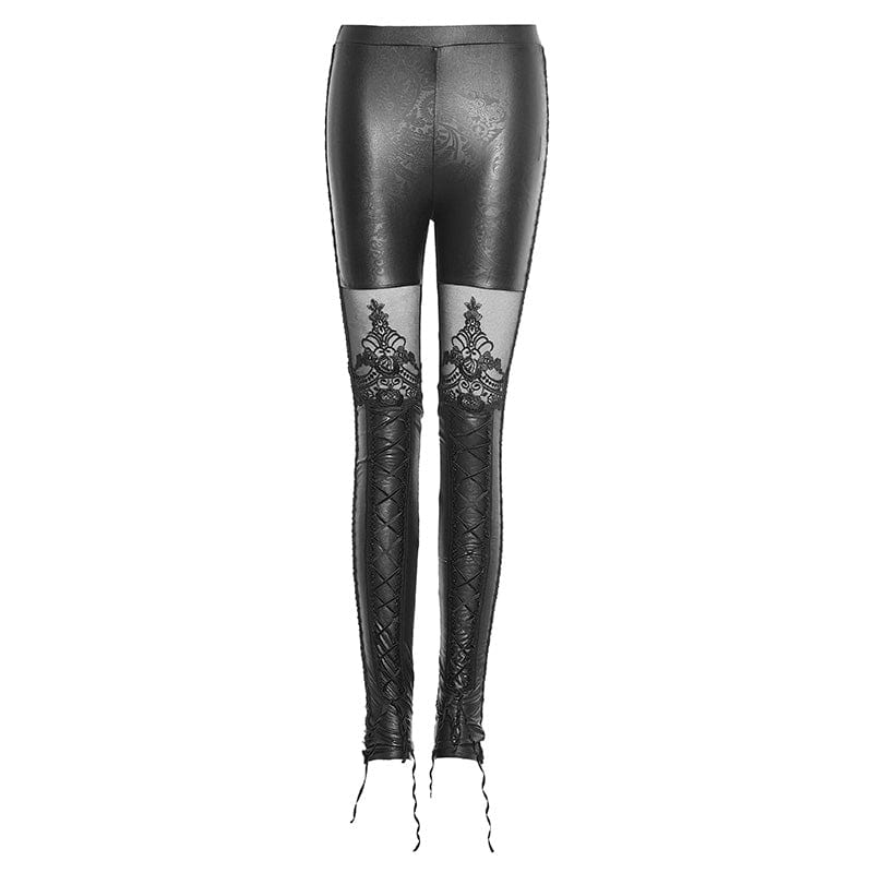 Women's Gothic Floral Crocheted Lace-up Faux Leather Leggings - Image 3