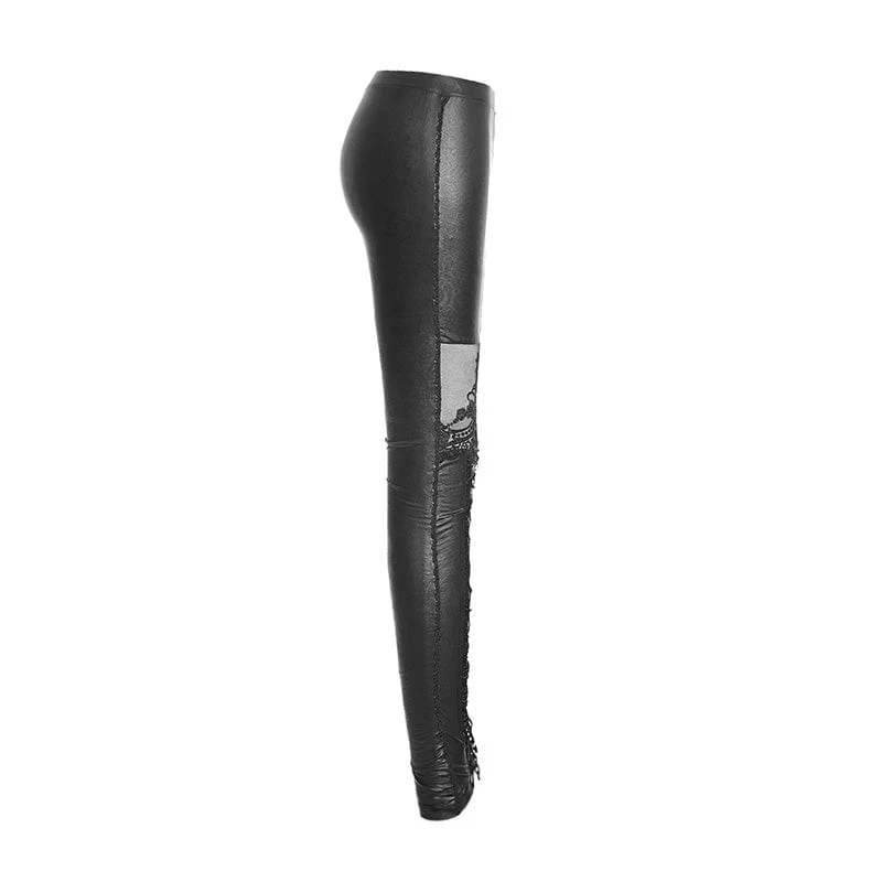 Women's Gothic Floral Crocheted Lace-up Faux Leather Leggings - Image 4