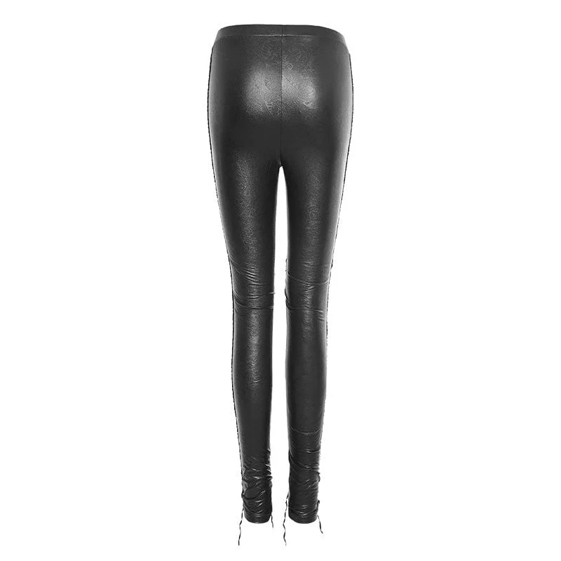 Women's Gothic Floral Crocheted Lace-up Faux Leather Leggings - Image 5