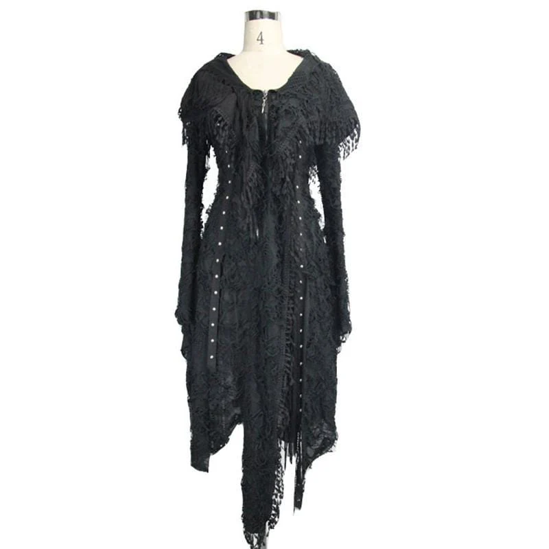 Women's Lace and Trimming Goth Style Mid Length Hooded Dress - Image 3