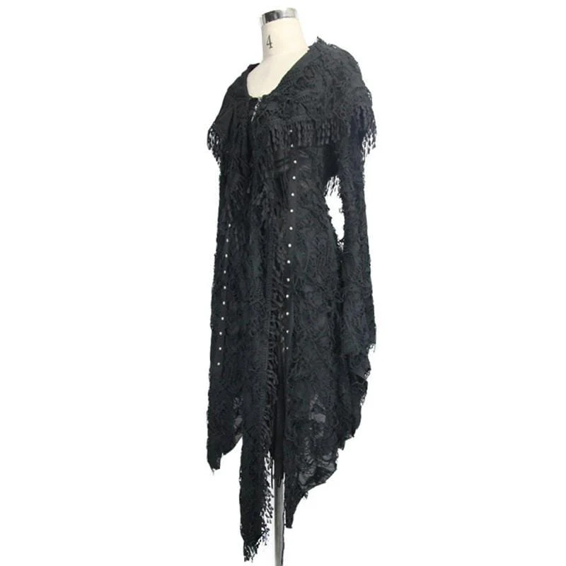 Women's Lace and Trimming Goth Style Mid Length Hooded Dress - Image 4