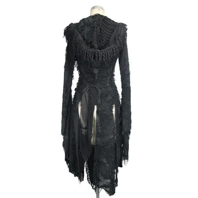 Women's Lace and Trimming Goth Style Mid Length Hooded Dress - Image 5