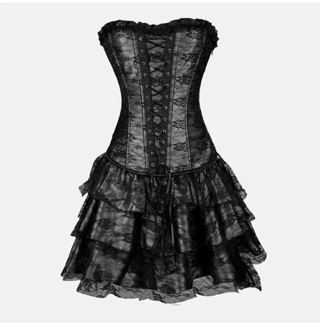 Women's Goth Lace Up Corset Bustier With Skirt - Image 6