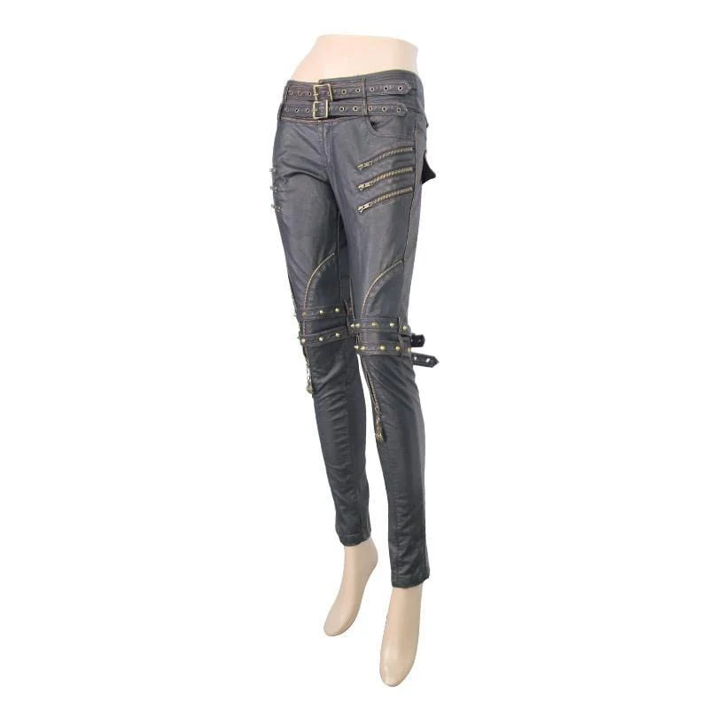 Women's Faux Leather Goth Skinny Pants With Three Zippered Pockets - Image 5