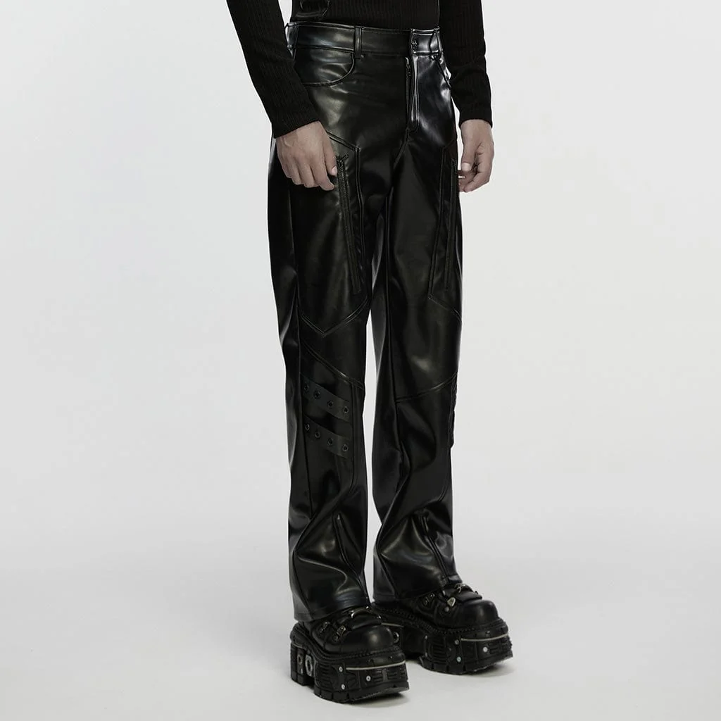 Men's Cyberpunk Eyelet Strap Zip Faux Leather Pants - Image 2