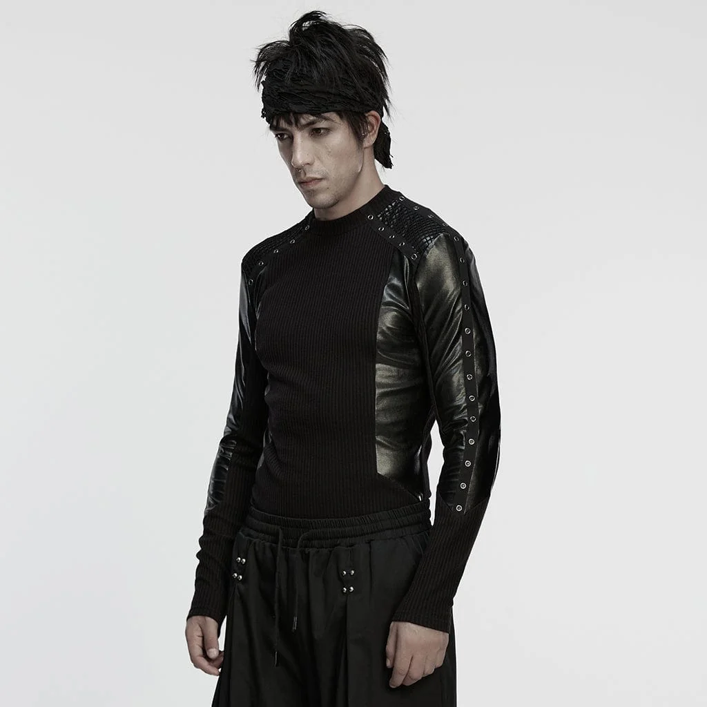 Men's Cyberpunk Eyelets Splice Long Sleeved T-shirt - Image 2