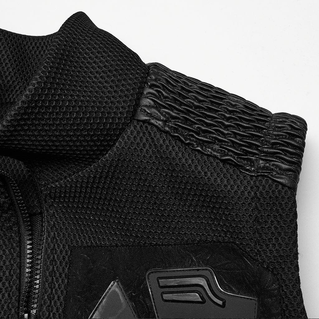 Men's Cyberpunk Stand Collar Faux Leather Splice Mesh Vest - Image 7