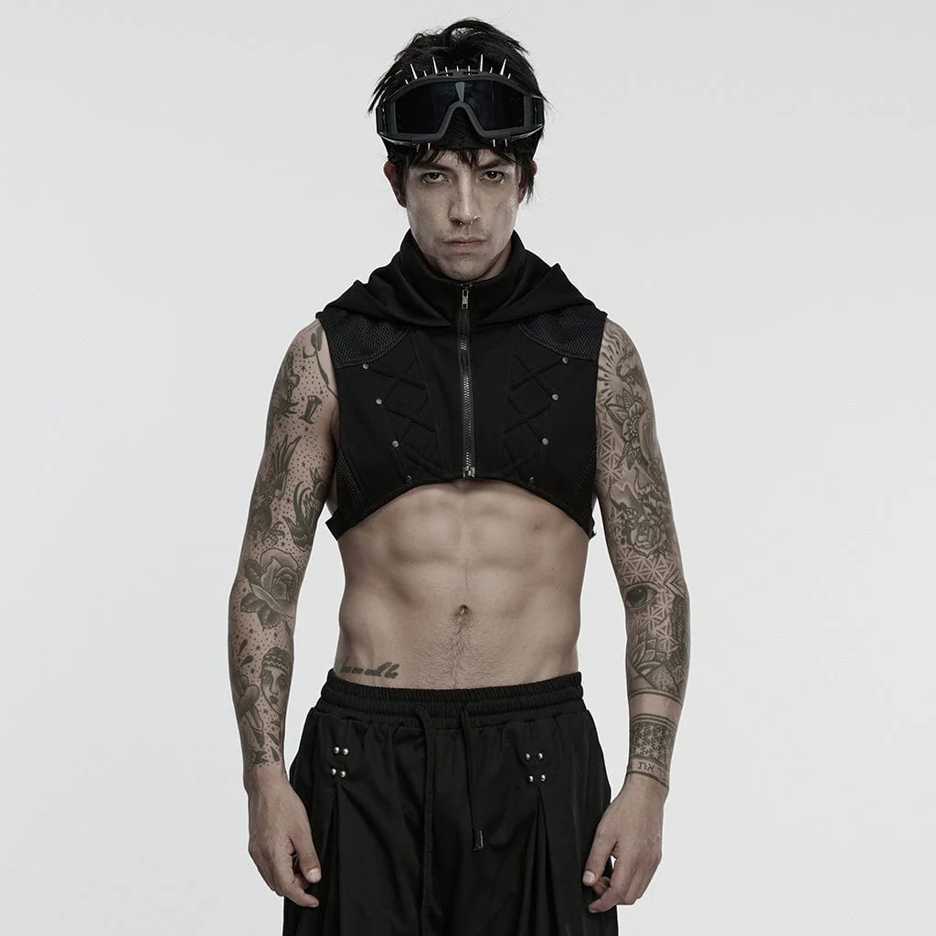 Men's Cyberpunk Stand Collar Zip Hooded Short Vest