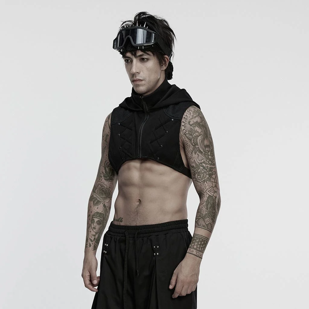 Men's Cyberpunk Stand Collar Zip Hooded Short Vest - Image 2