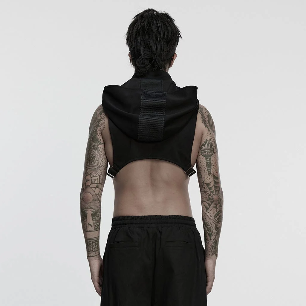 Men's Cyberpunk Stand Collar Zip Hooded Short Vest - Image 3