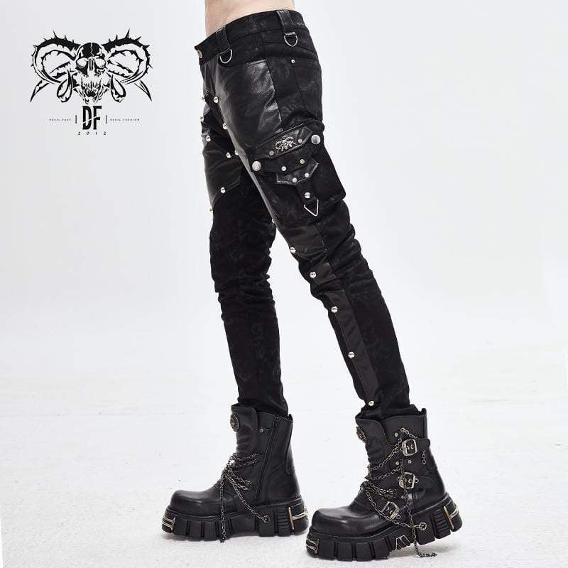 Men's Faux Leather Zipper Rivets Spliced Trousers With Pocket - Image 4