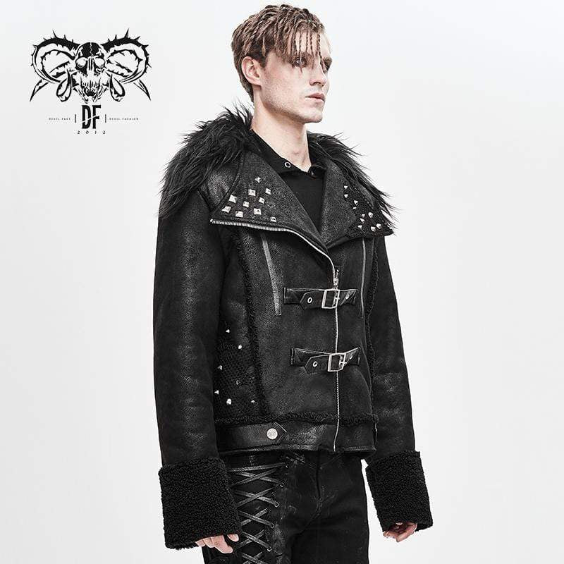 Men's Fur Turn-down Collar Belts Rivets Winter Jackets - Image 3