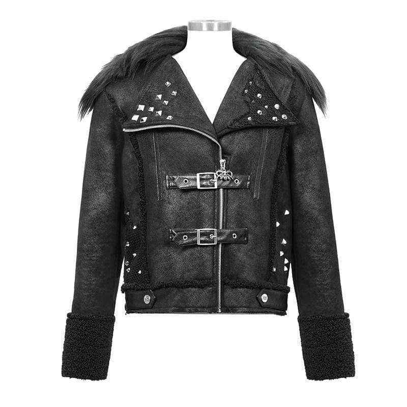 Men's Fur Turn-down Collar Belts Rivets Winter Jackets - Image 5