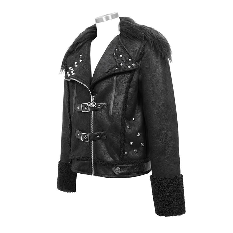 Men's Fur Turn-down Collar Belts Rivets Winter Jackets - Image 6