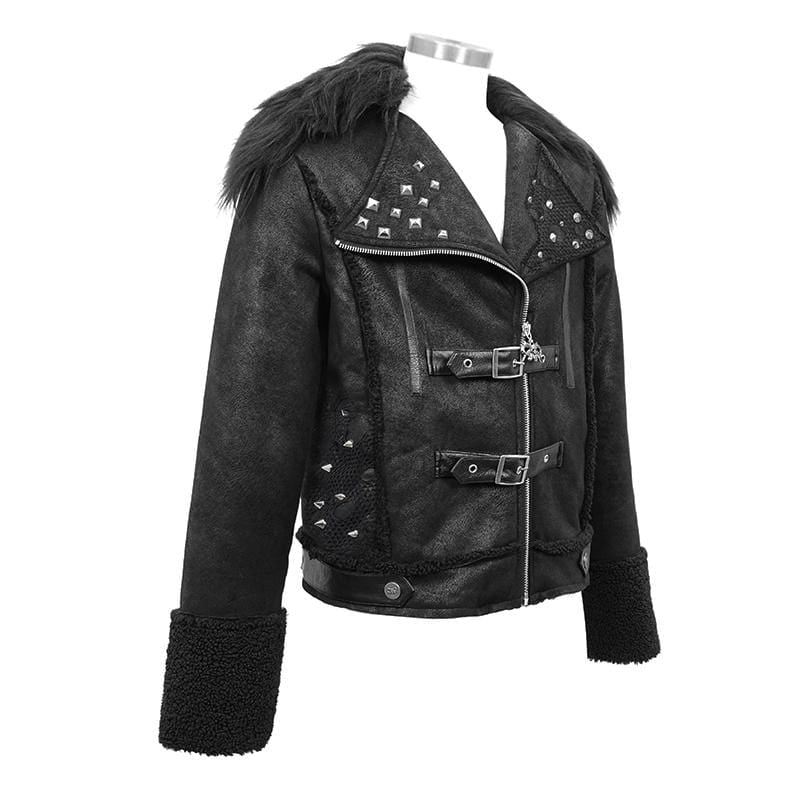 Men's Fur Turn-down Collar Belts Rivets Winter Jackets - Image 7