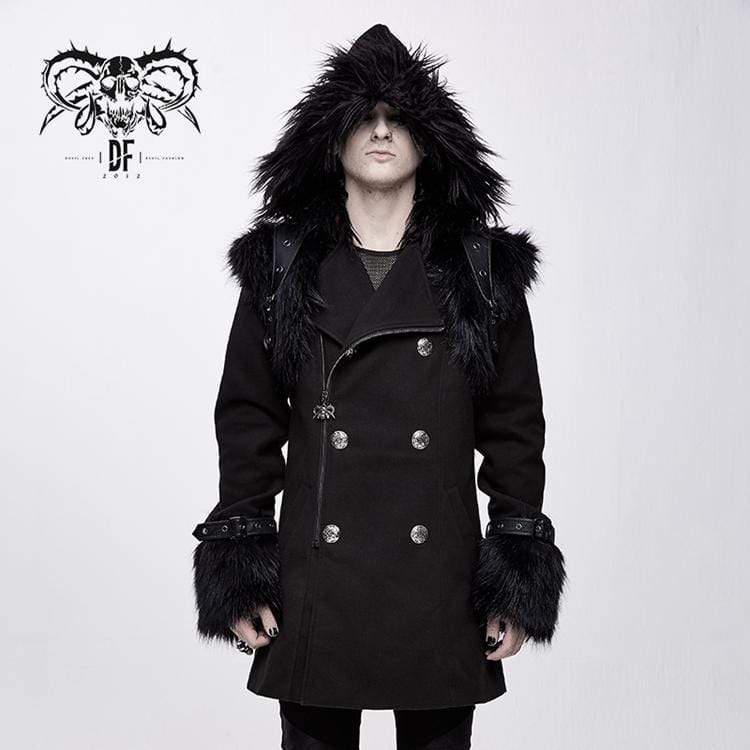 Men's Goth Double-breasted Faux Fur Hooded Coat