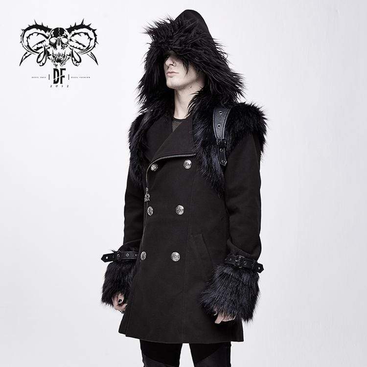 Men's Goth Double-breasted Faux Fur Hooded Coat - Image 3