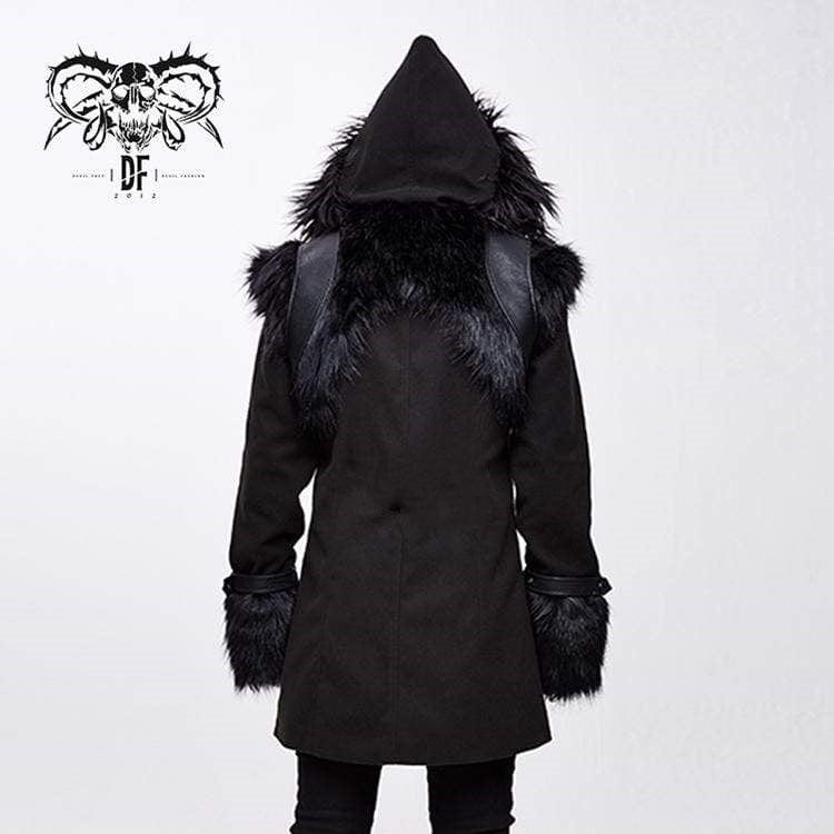 Men's Goth Double-breasted Faux Fur Hooded Coat - Image 4