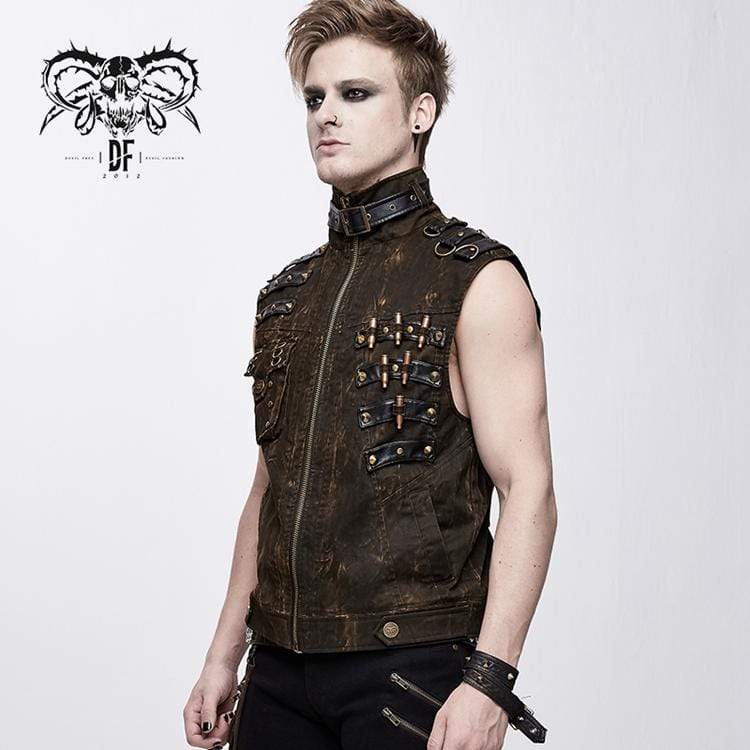 Men's Goth Stand Collar Rivets Waistcoat - Image 3