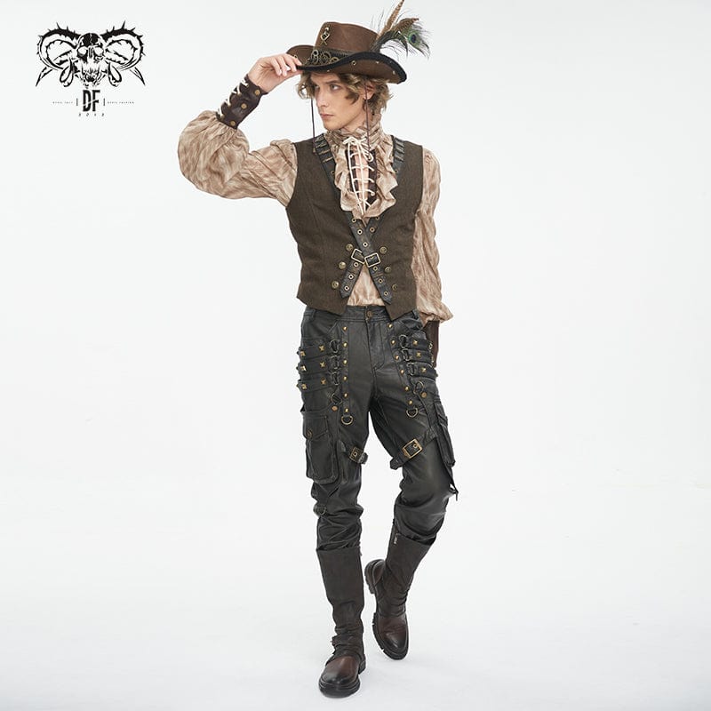 Men's Gothic Big-pocket Bronze Studded Faux Leather Pants - Image 6