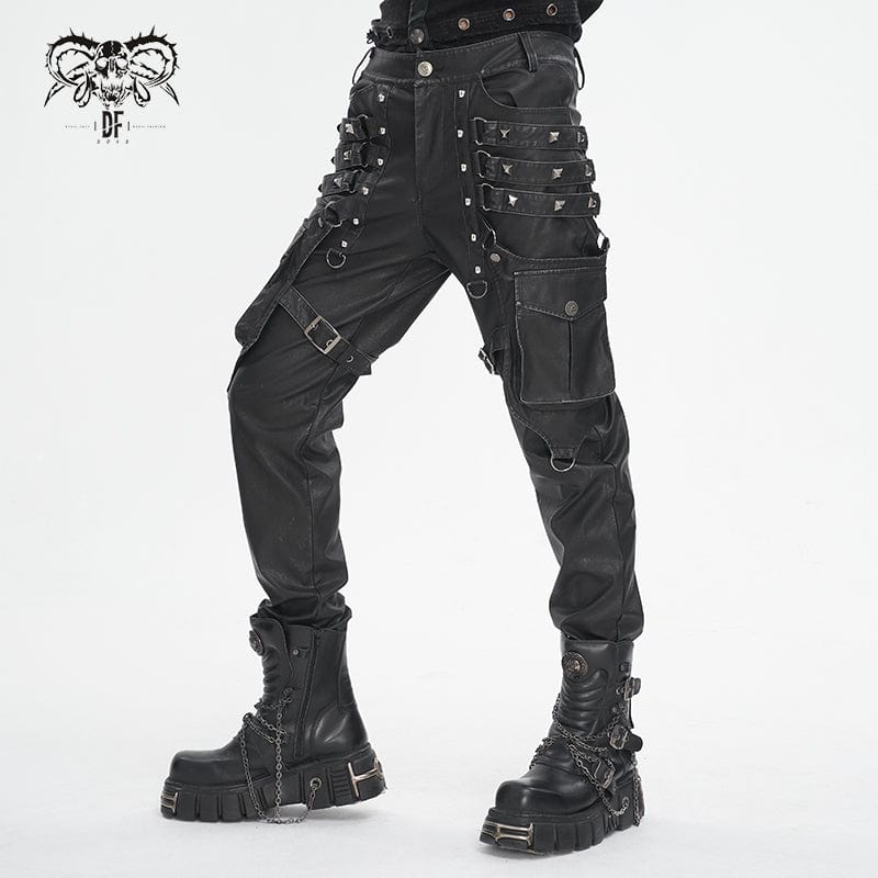 Men's Gothic Big-pocket Sliver Studded Faux Leather Pants - Image 3