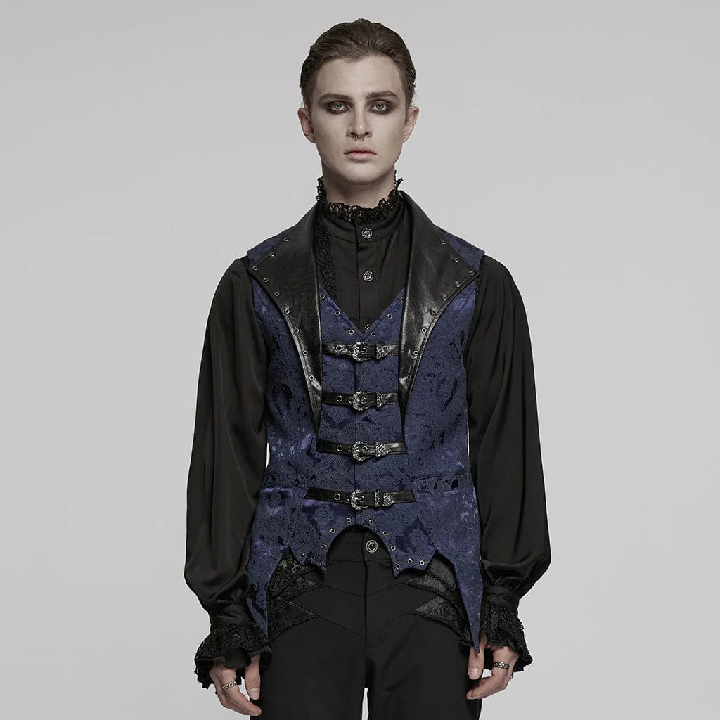 Men's Gothic Buckle Batlike Jacquard Vest Blue