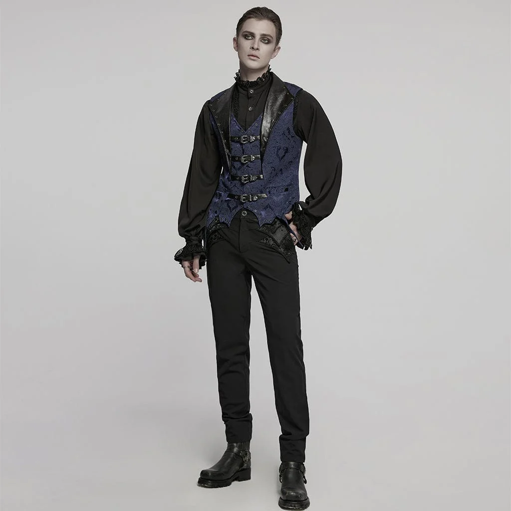 Men's Gothic Buckle Batlike Jacquard Vest Blue - Image 4
