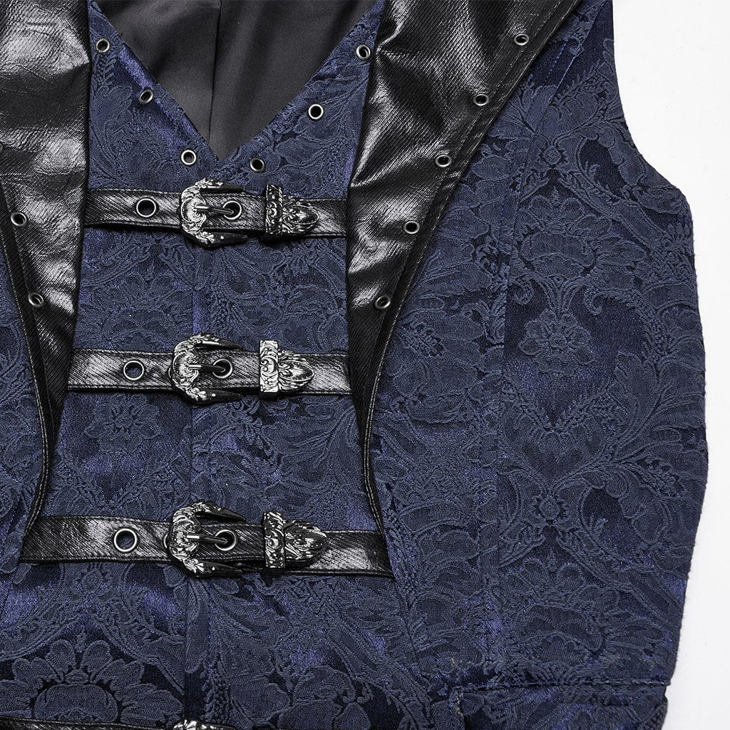 Men's Gothic Buckle Batlike Jacquard Vest Blue - Image 7