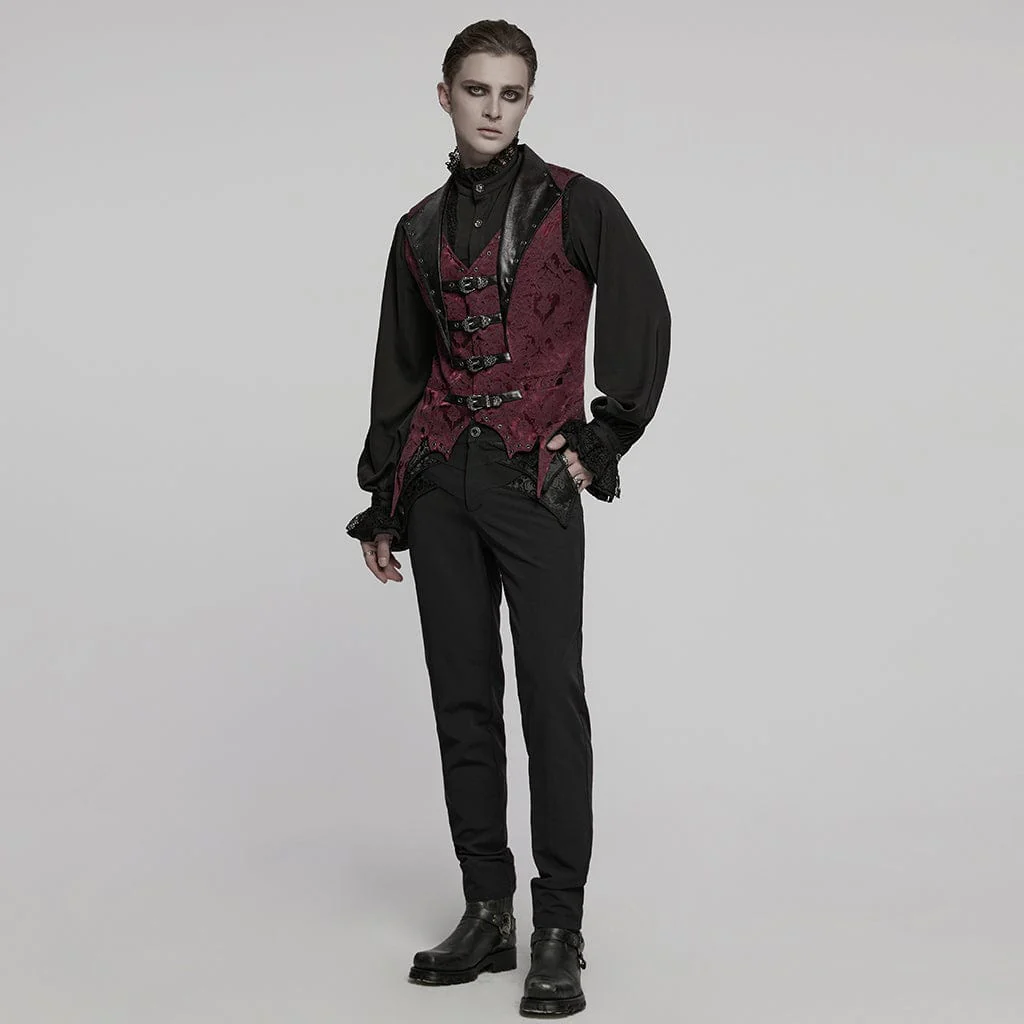 Men's Gothic Buckle Batlike Jacquard Vest Red - Image 4