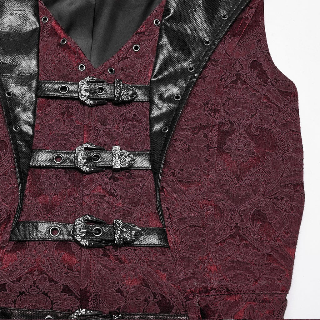 Men's Gothic Buckle Batlike Jacquard Vest Red - Image 7