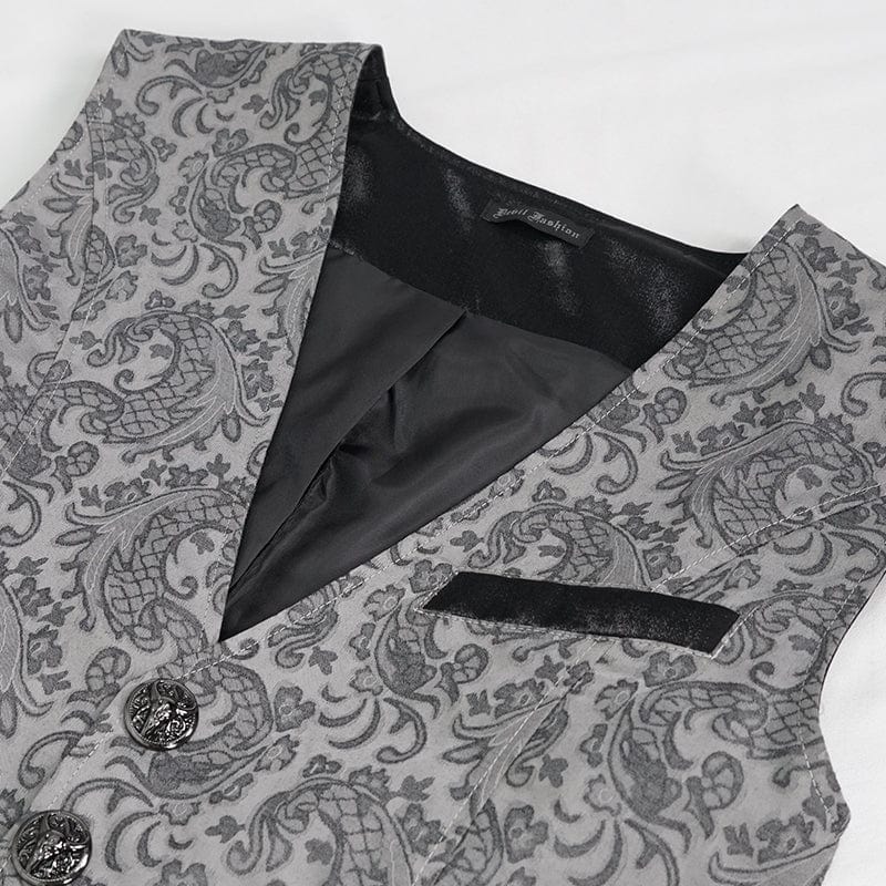 Men's Gothic Cashew Printed Swallow-tailed Waistcoat Grey - Image 8
