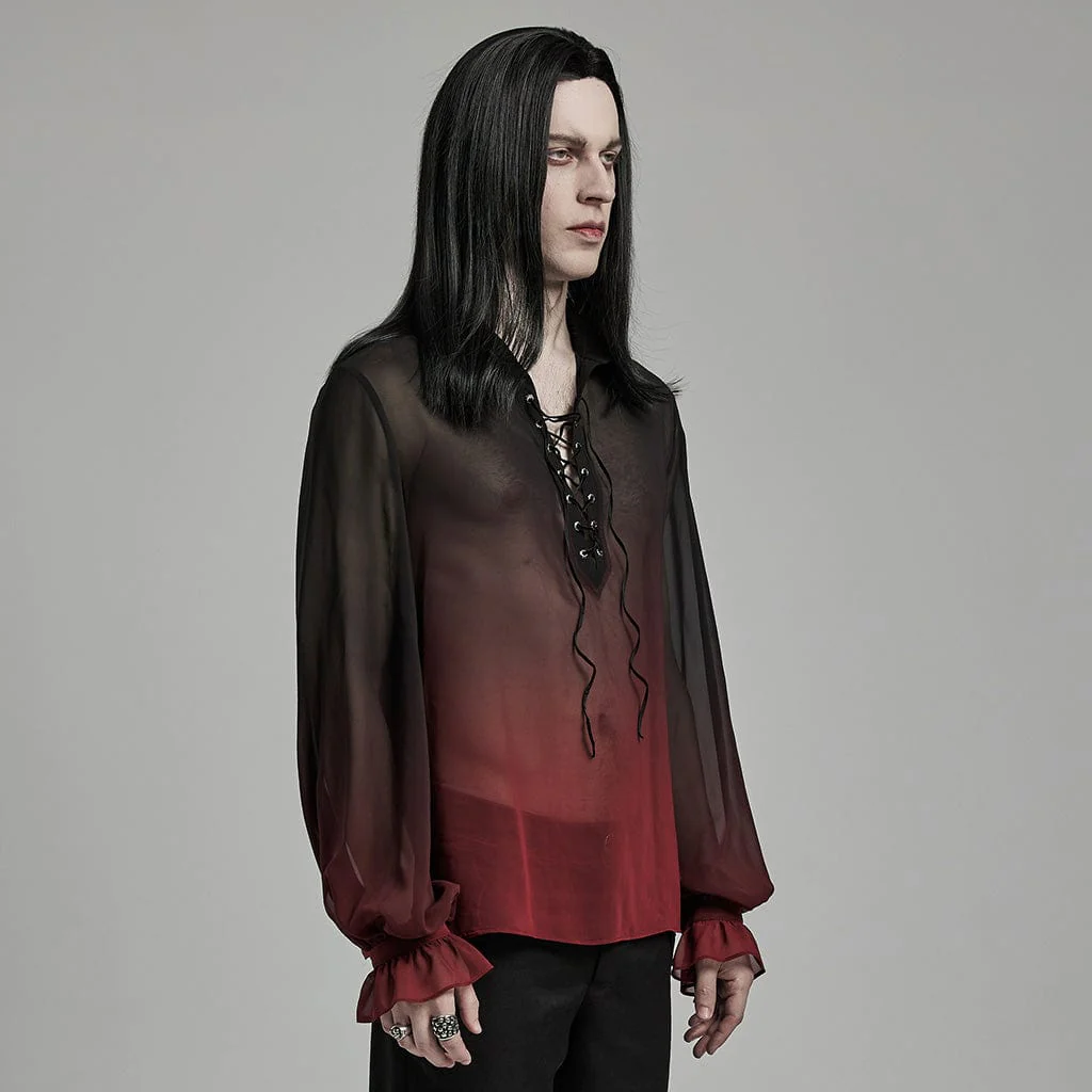 Men's Gothic Color Gradient Lace-up Sheer Chiffon Shirt - Image 2