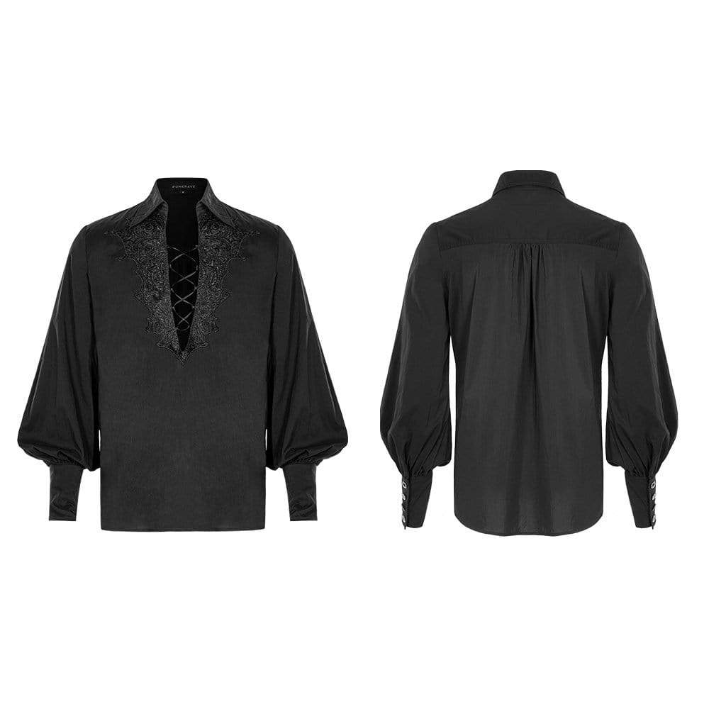 Men's Gothic Deep V-neck Puff Sleeved Ropes Shirts - Image 5