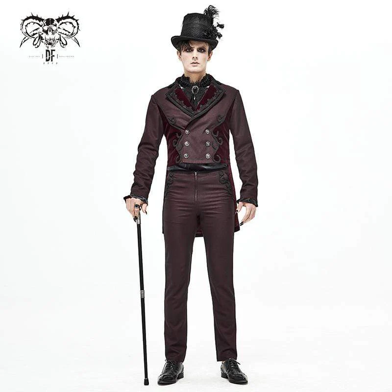 Men's Gothic Double-breasted Jacquard Swallow-tailed Suit Coat Dark Red - Image 2